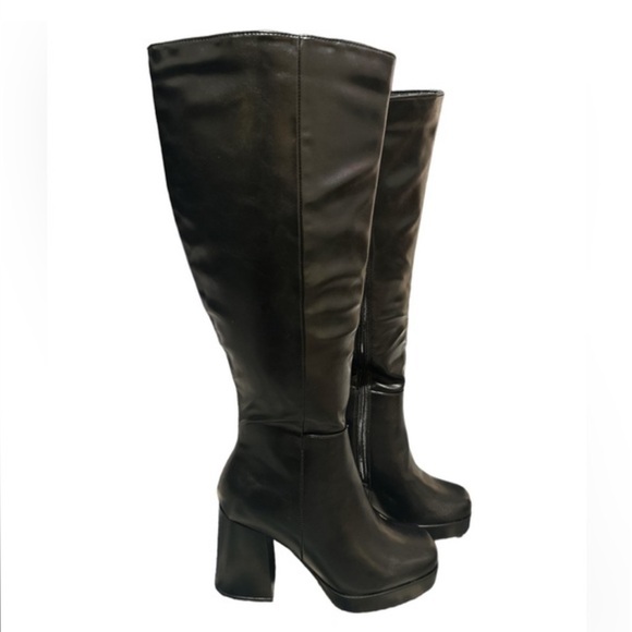 NEW! SQUARE FRONT PLATFORM CHUNKY HEEL KNEE HIGH FAUX LEATHER BLACK BOOT - Picture 3 of 3